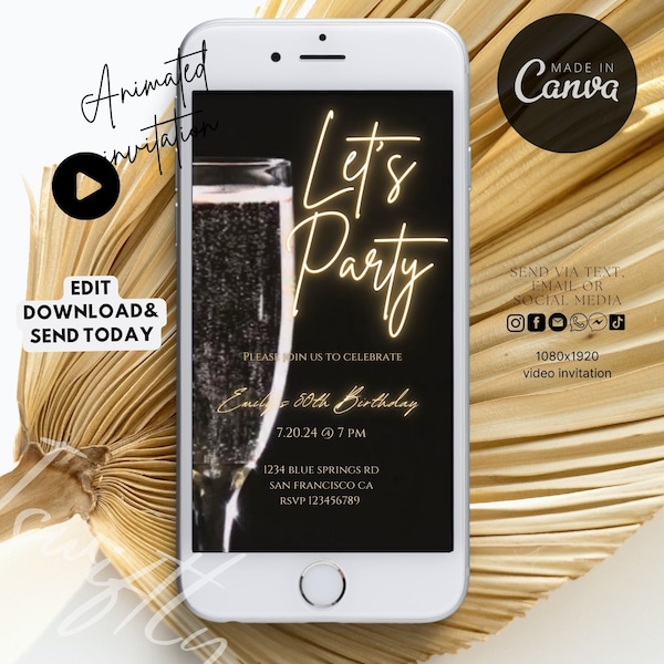 Champagne birthday party invitation digital evite for phone WhatsApp text invitation adult birthday any age 20th 30th 40th 50th adult events