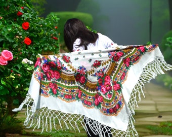 White Ukrainian Shawl, Floral Fringe, Wedding Scarf