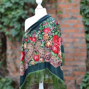 Dark green piano scarf fringe Chale Ukrainian shawl image 1