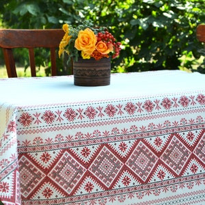 Linen tablecloth Ukrainian traditional embroidery print Farmhouse decor