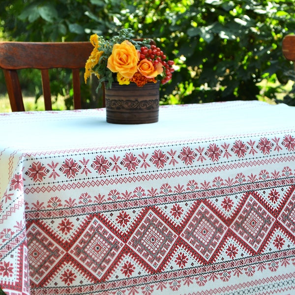 Nappe en lin, broderie traditionnelle ukrainienne, imprimé, décor de ferme