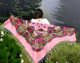 Pink Floral Ukrainian Shawl, Traditional Scarf