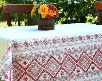 Linen tablecloth Ukrainian traditional embroidery print Farmhouse decor
