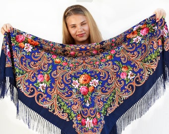 Ukrainian shawl Navy blue piano shawl Chale