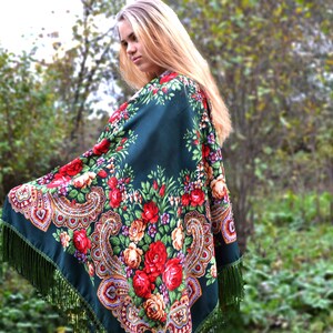 Dark green piano scarf fringe Chale Ukrainian shawl image 2