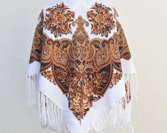 Piano scarf fringe Babushka shawl Slavic floral scarf