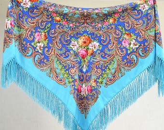 Light blue scarf fringe Piano shawl Blue ukrainian shawl