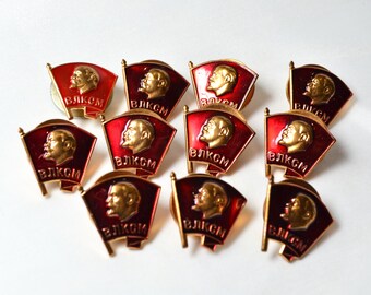 Vintage Soviet memorabilia 1960s 1970s Communism Vladimir Lenin enamel pin Komsomol VLKSM red flag badge propaganda USSR