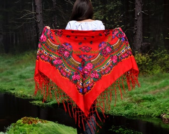 Red floral shawl Ukrainian shawl  Folk