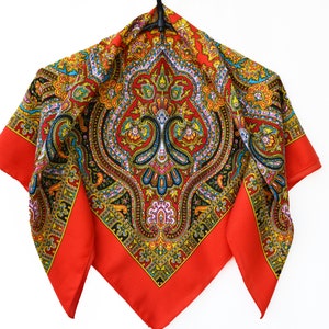 Paisley Wool Viscose Head Scarf: Red Orange Grandma Scarf (28.4&quot; Square)