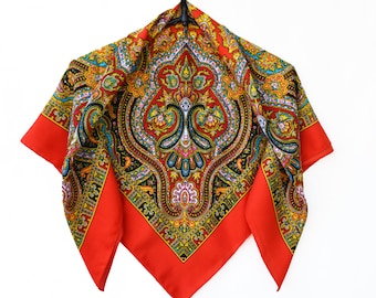 Paisley Wool Viscose Head Scarf: Red Grandma Scarf (28.4" Square)