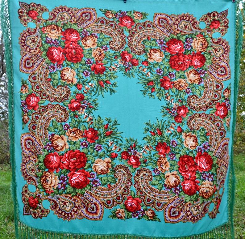Dark green piano scarf fringe Chale Ukrainian shawl image 8