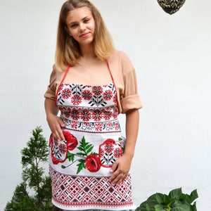 Linen kitchen apron Ukrainian traditional embroidery print apron Poppies apron Ukrainian gift