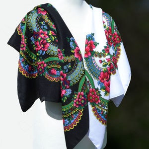 Ukraine head scarf Babushka scarf Black floral scarf