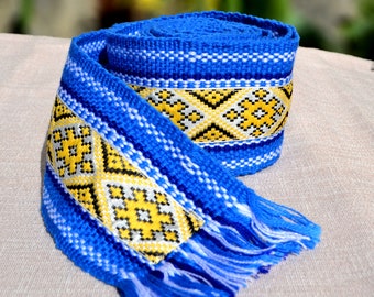 Blue Ukrainian Woven Sash, Hutsul Belt - 2 meter