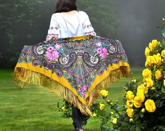 Orange piano shawl fringe Babushka scarf