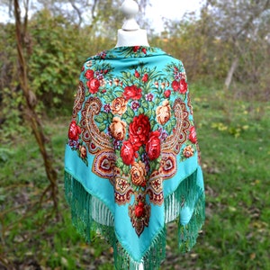 Dark green piano scarf fringe Chale Ukrainian shawl image 6