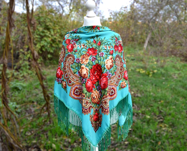Dark green piano scarf fringe Chale Ukrainian shawl image 6
