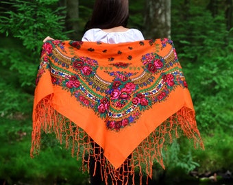 Ukrainian shawl vintage style Orange piano shawl Châle