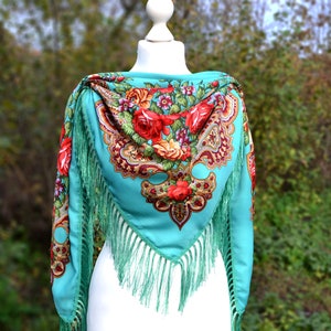 Dark green piano scarf fringe Chale Ukrainian shawl image 7
