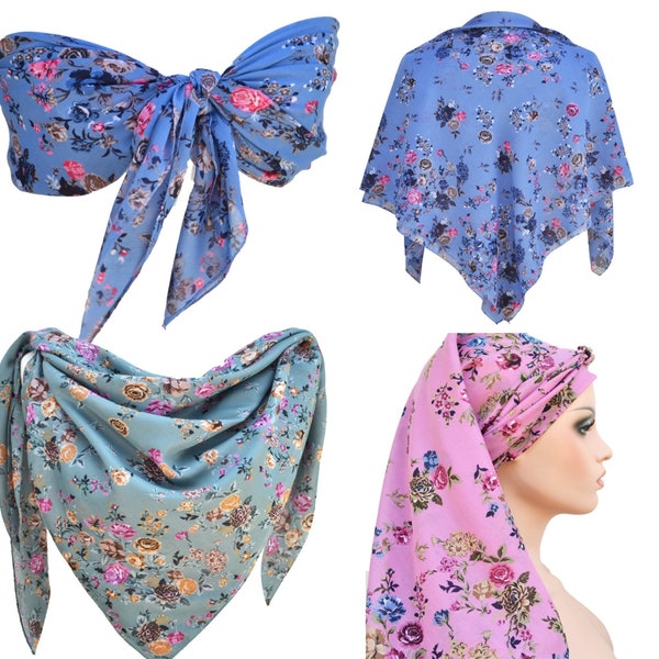 Blue summer scarf Soft chiffon square scarf Babushka scarf Large Scarf Top