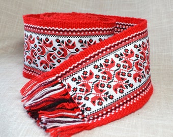 Red Woven Ukrainian Sash Belt, Cossack Krajka, Ethnic Textile