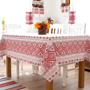 Linen tablecloth Ukrainian traditional embroidery print Farmhouse decor