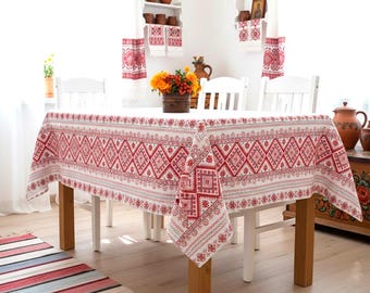 Linen tablecloth Ukrainian traditional embroidery print Farmhouse decor