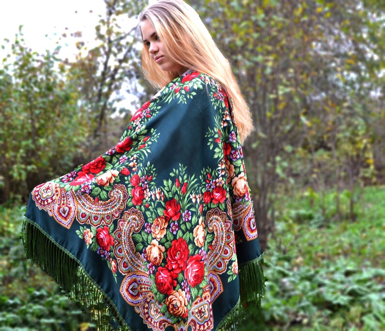 Dark green piano scarf fringe Chale Ukrainian shawl image 2