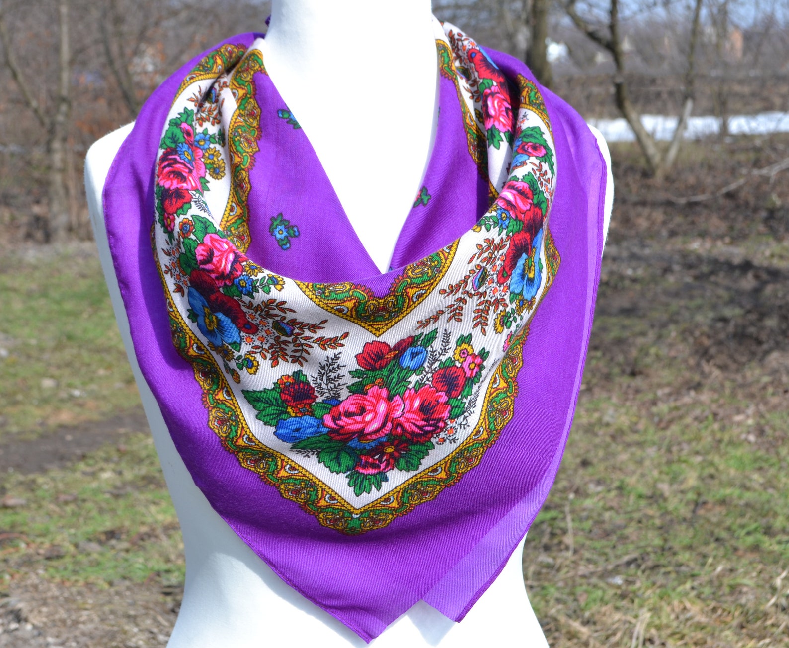 Ukrainian scarf Russian shawl Babushka scarf Purple head scarf Etsy
