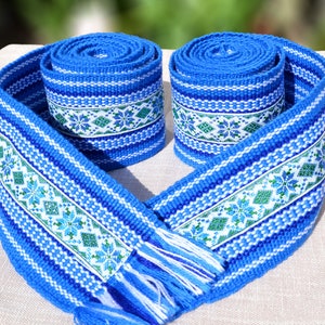 Blue textile sash Ukrainian belt Hutsul woven folk belt Kozak Ethnic slavic belt