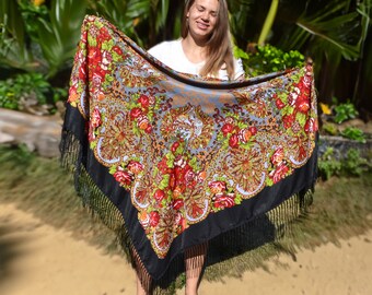 Large piano shawl Black ukrainian shawl fringe