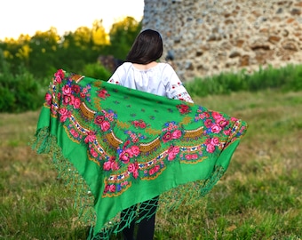 Green Ukrainian Floral Shawl, Vintage Style Scarf, 49" Square