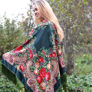 Dark green piano scarf fringe Chale Ukrainian shawl image 10