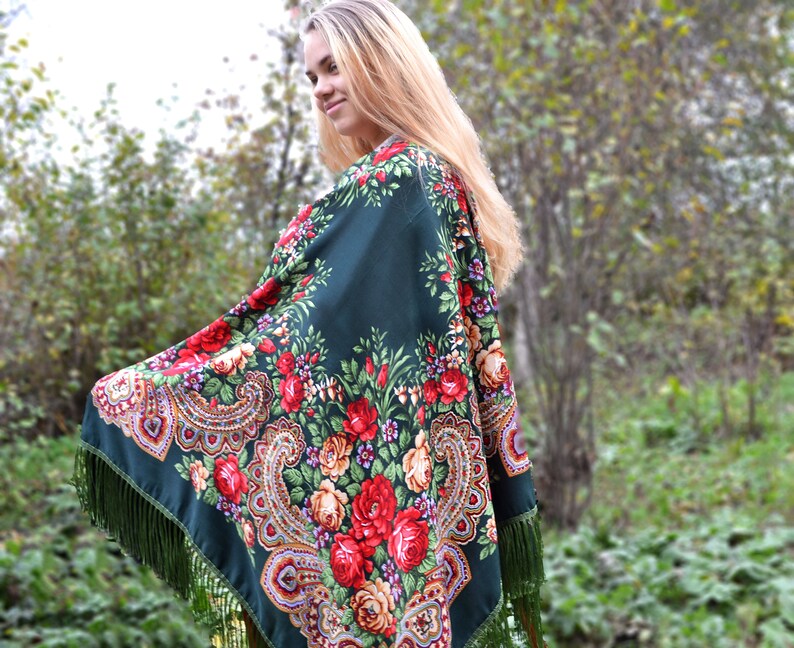 Dark green piano scarf fringe Chale Ukrainian shawl image 10