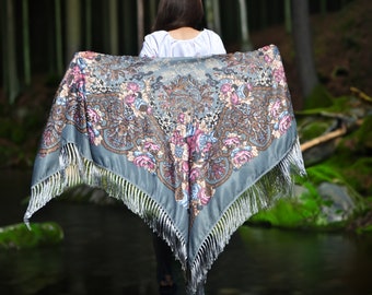 Piano shawl fringe Babushka floral shawl