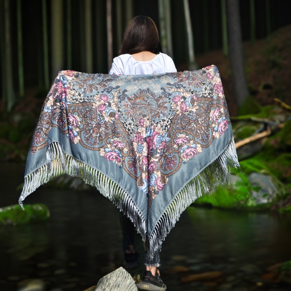 Piano shawl fringe Babushka floral shawl