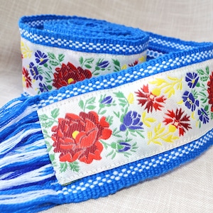 Blue woman woven belt Slavic textile sash Ukrainian belt Length 1.9 meters Width 7 centimeters Kushak Ethnic belt