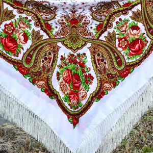 Piano shawl Ukranian shawl fringe Large floral shawl Ukrainian gifts