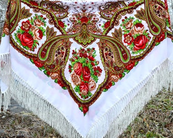 Piano shawl Ukranian shawl fringe Large floral shawl Ukrainian gifts