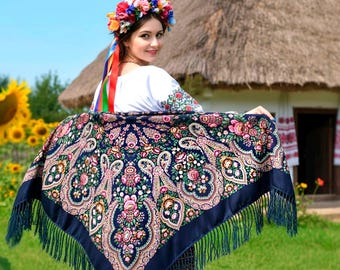 Navy blue piano shawl fringe Babushka scarf