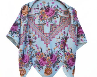 Ukrainian summer scarf Embroidery print Soft chiffon scarfb Large Square Scarf ( 37,40" by 37,40" ).