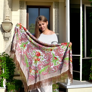 Piano shawl Beige ukrainian shawl fringe Babushka scarf