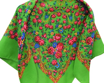 Wool Babushka Scarf, Green Floral Ukrainian Shawl