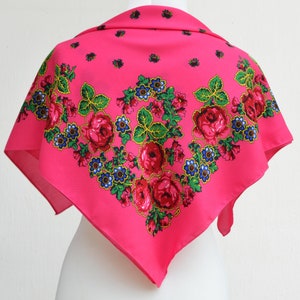 Ukrainian scarves Babushkas scarf 29&quot;-29 Ukrainian folk scarf Pink floral scarf