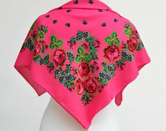 Vintage Ukrainian Scarf, Pink Floral Babushka Shawl