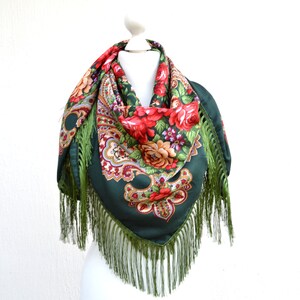 Dark green piano scarf fringe Chale Ukrainian shawl image 4