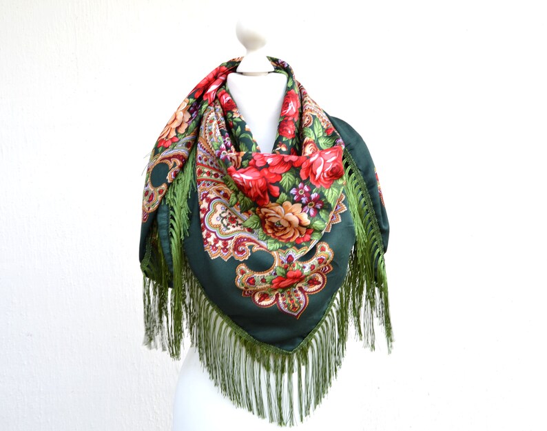 Dark green piano scarf fringe Chale Ukrainian shawl image 4
