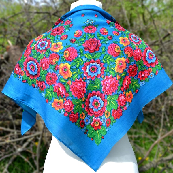 Blue head scarf Hustka Ukranian folk scarf Vintage