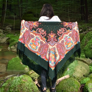 Large emerald ukrainian shawl fringe Piano shawl Babushka scarf